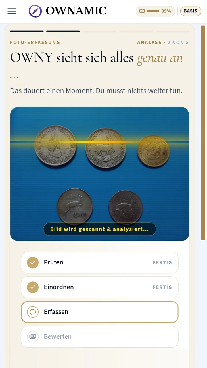 OWNY analysing a photo of five coins, with the steps check, classify, capture and value
