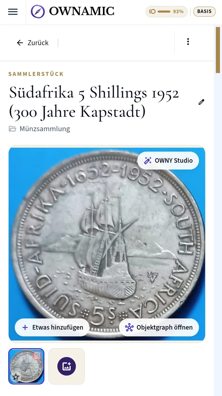 Detail page of the collector's item South Africa 5 Shillings 1952 with a large photo of the coin