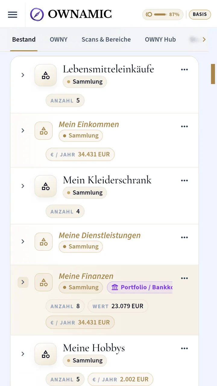Inventory overview with collections such as groceries, income, wardrobe and finances