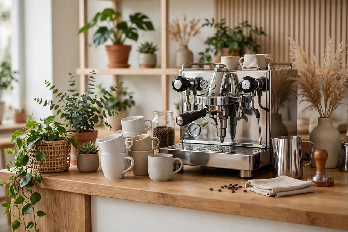 An espresso machine on the counter of a bright, warm kitchen.